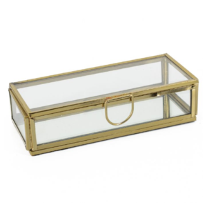 goud kleurig metalen doosje met glas
